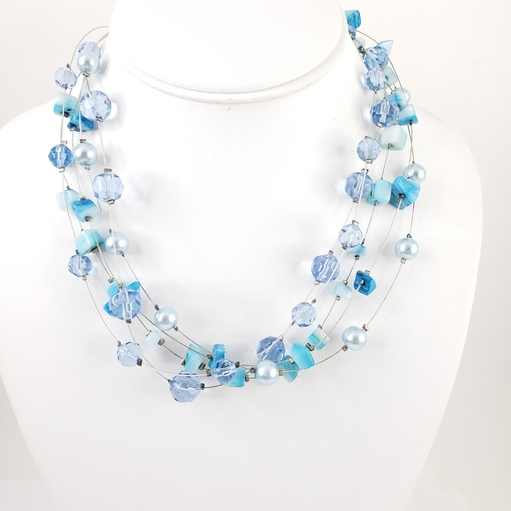 Floating necklace blue shell glass pearls blue beads multi strands